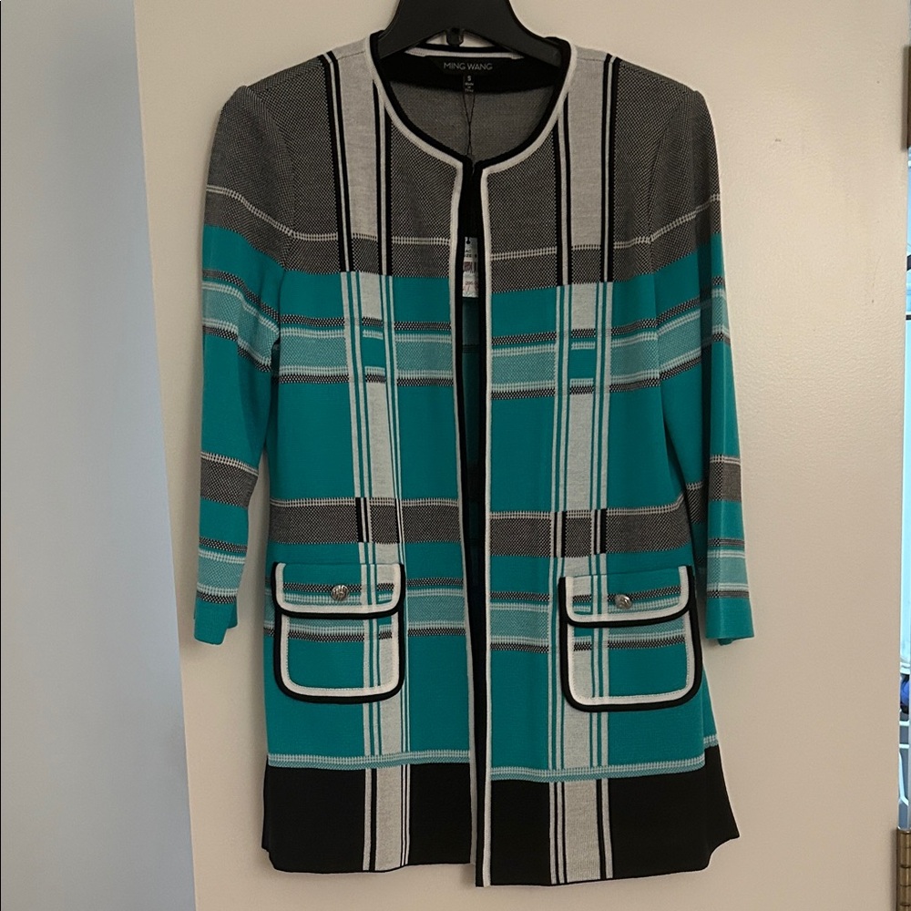 Ming Wang Turquoise and Black Plaid Jacket